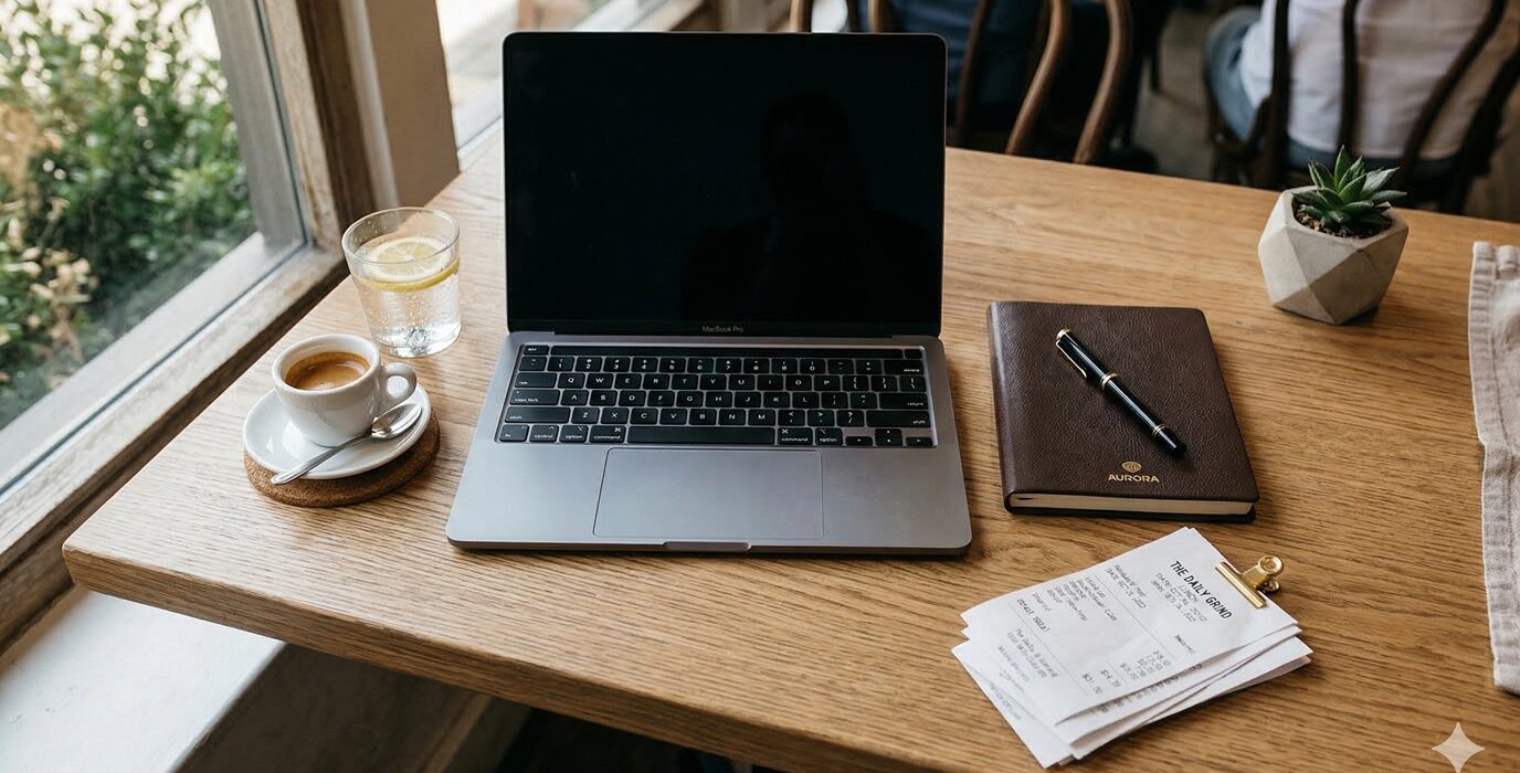 A business owner reviewing restaurant receipts on a laptop to calculate the meals and entertainment tax deduction.