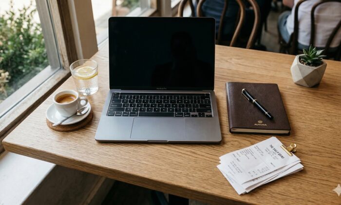 A business owner reviewing restaurant receipts on a laptop to calculate the meals and entertainment tax deduction.