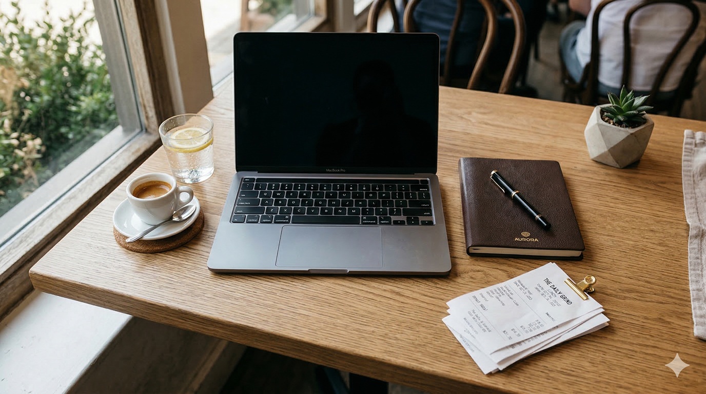 A business owner reviewing restaurant receipts on a laptop to calculate the meals and entertainment tax deduction.