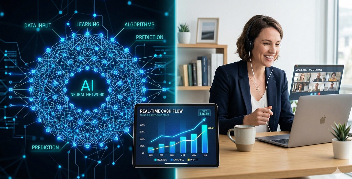 A futuristic office setup showing a digital dashboard with AI-driven financial analytics and a remote bookkeeper on a video call.