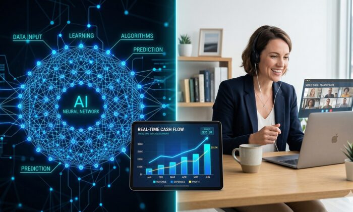 A futuristic office setup showing a digital dashboard with AI-driven financial analytics and a remote bookkeeper on a video call.