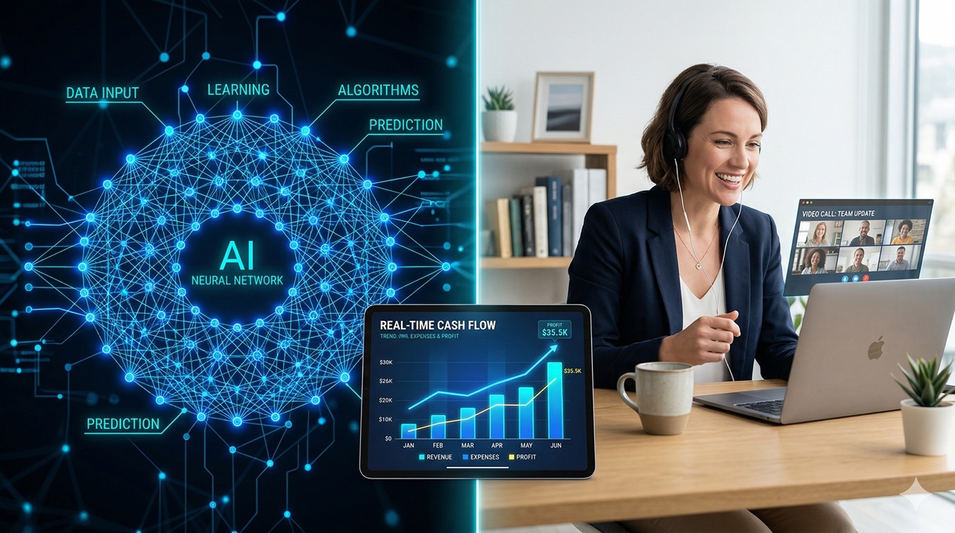 A futuristic office setup showing a digital dashboard with AI-driven financial analytics and a remote bookkeeper on a video call.