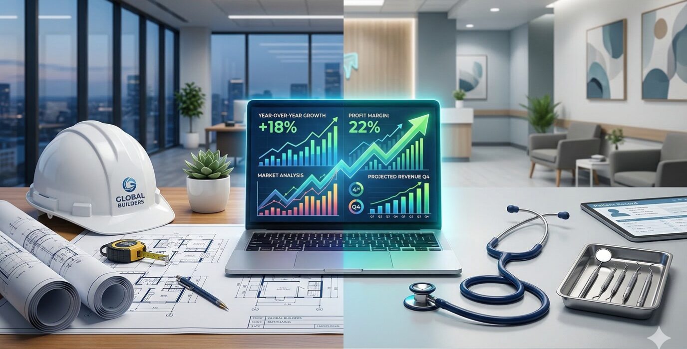 A small business owner reviewing industry-specific financial charts on a laptop screen.