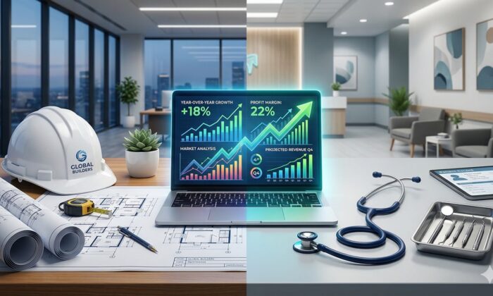 A small business owner reviewing industry-specific financial charts on a laptop screen.