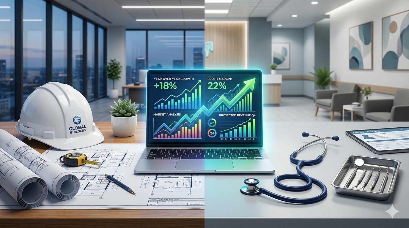 A small business owner reviewing industry-specific financial charts on a laptop screen.