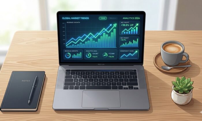 A laptop displaying a futuristic AI financial dashboard, representing modern AI bookkeeping software for startups.