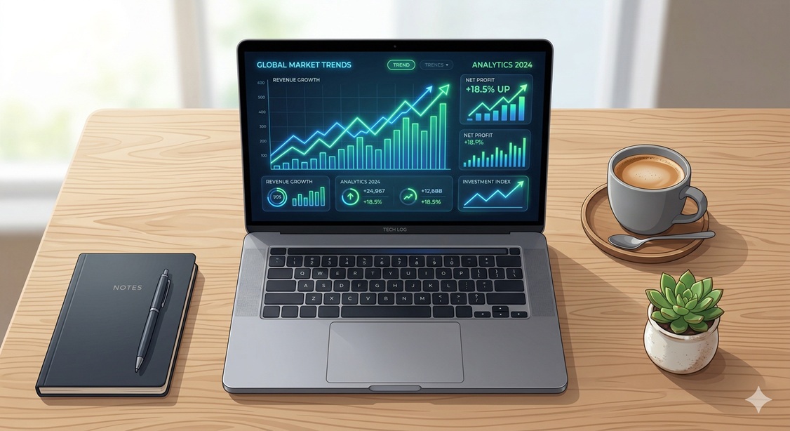 A laptop displaying a futuristic AI financial dashboard, representing modern AI bookkeeping software for startups.