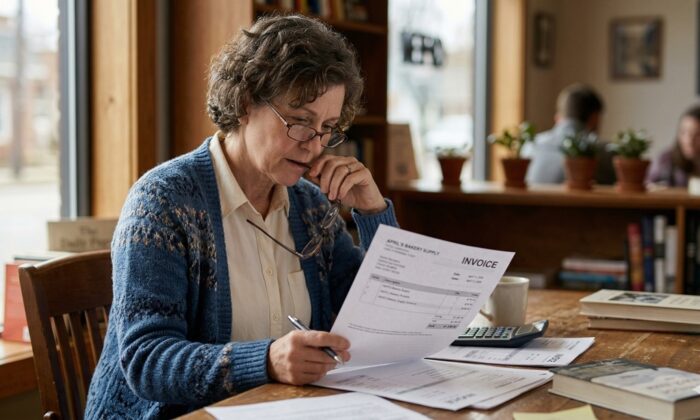 a small business owner reviewing an invoice or financial document