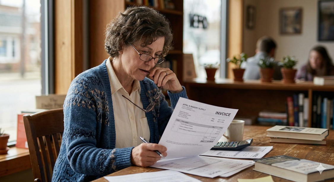 a small business owner reviewing an invoice or financial document