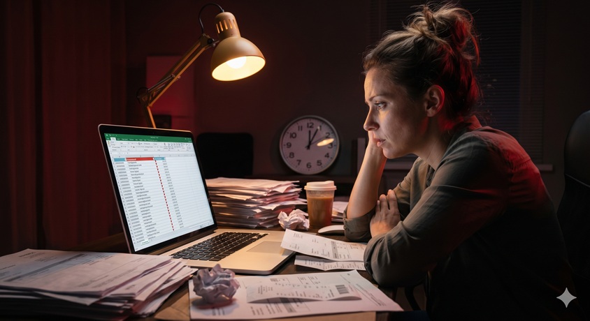 small business owner stressed about being behind on bookkeeping