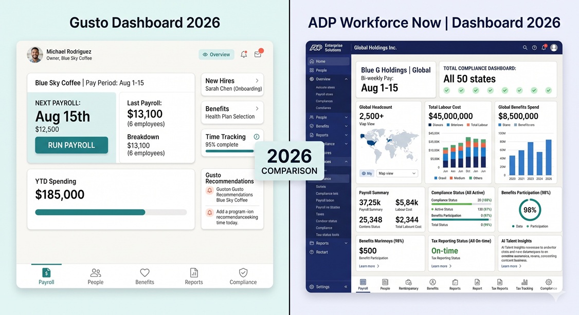 Gusto vs ADP dashboard comparison 2026